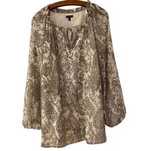 Talbots Blouse Womens 2X Black Ivory Paisley Tie Neck Boho Peasant Career Office